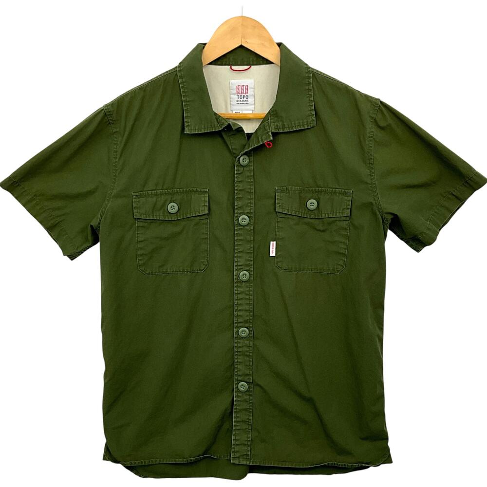Topo Designs Field Shirt Mens Medium Green Short Sleeve Button Up Cotton Organic